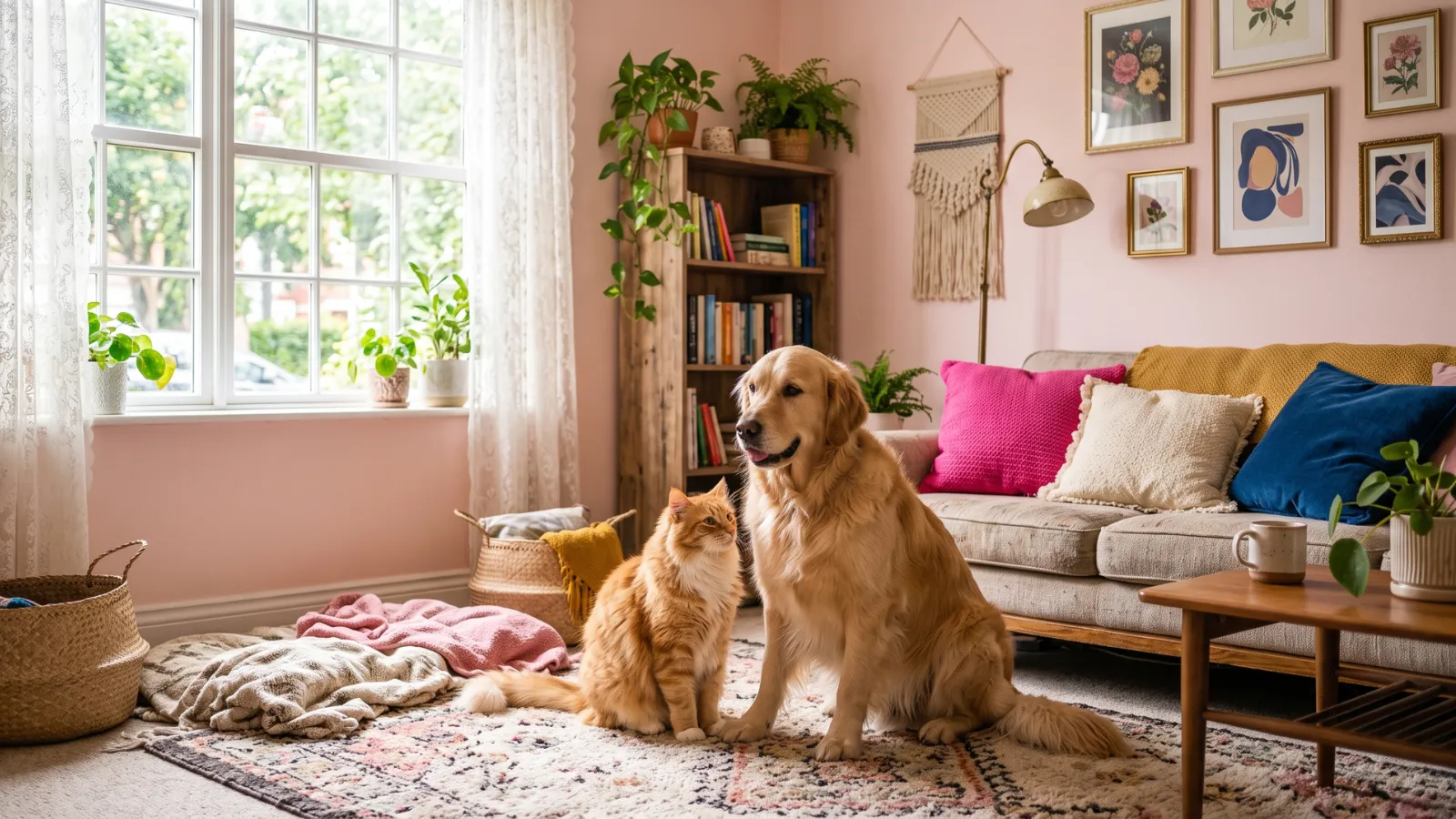 Golden retriever and orange tabby cat in cozy boho small apartment