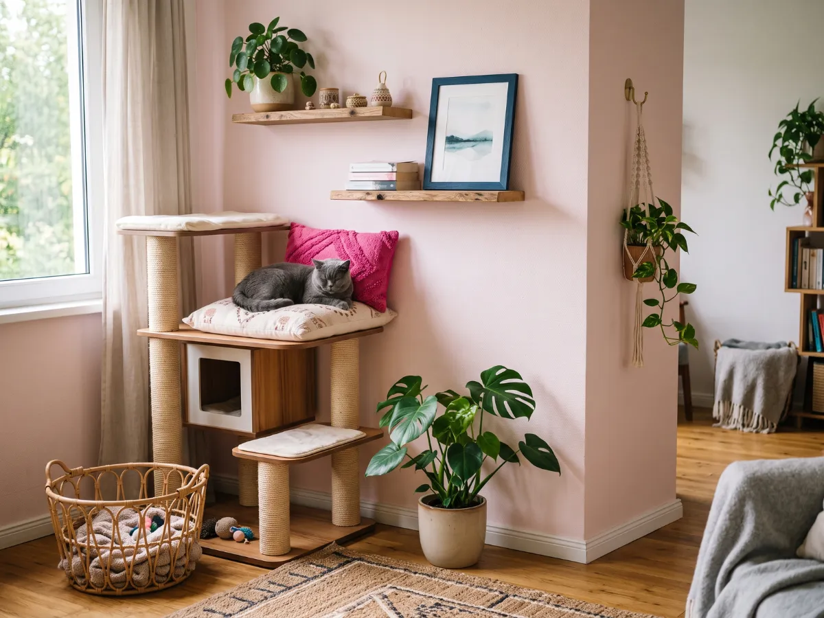 Cozy boho small apartment corner with cat tree and wall shelves