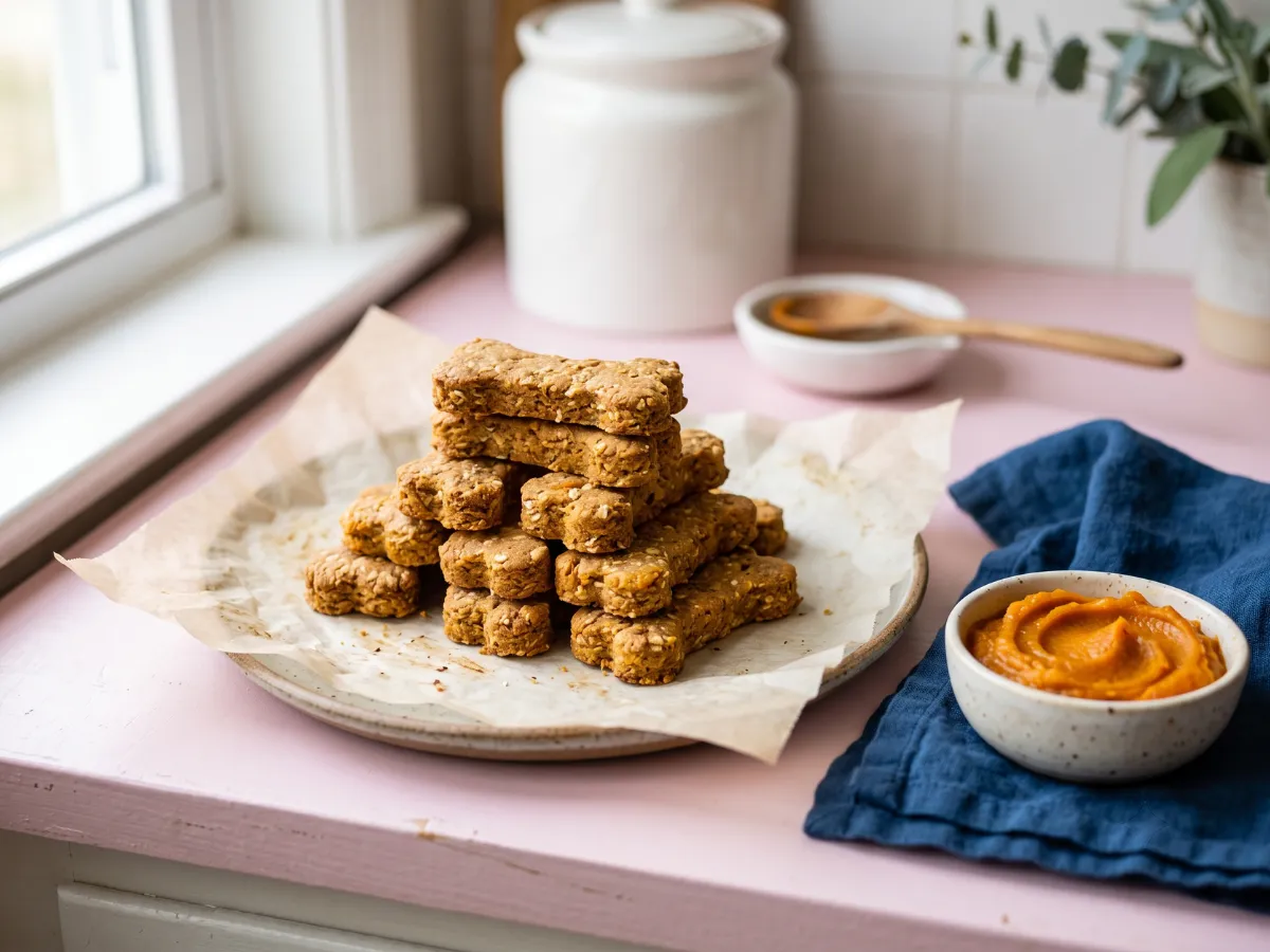 Homemade peanut butter pumpkin dog treats on pastel kitchen counter