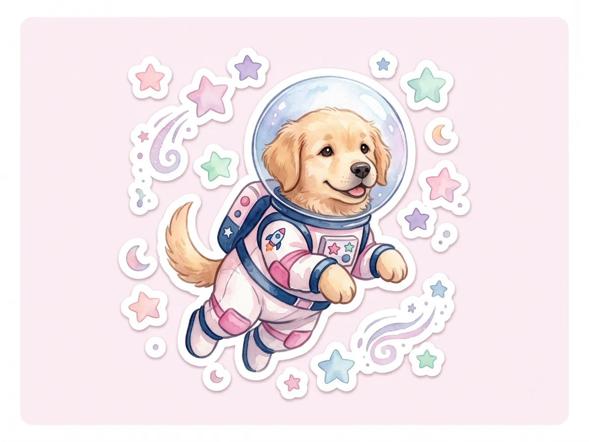 Watercolor illustration of golden retriever puppy astronaut pastel tones