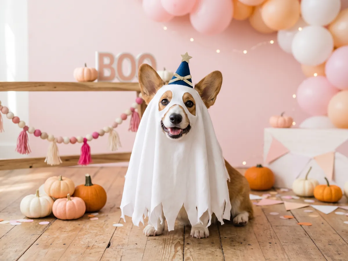 Corgi in no-sew Halloween ghost costume with pastel party decor